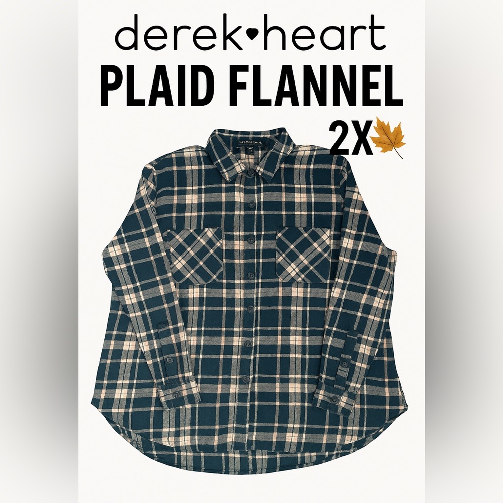 Derek Heart Plaid Flannel Button Down Long Sleeve‎ Shirt Navy Peach Womens 2X
